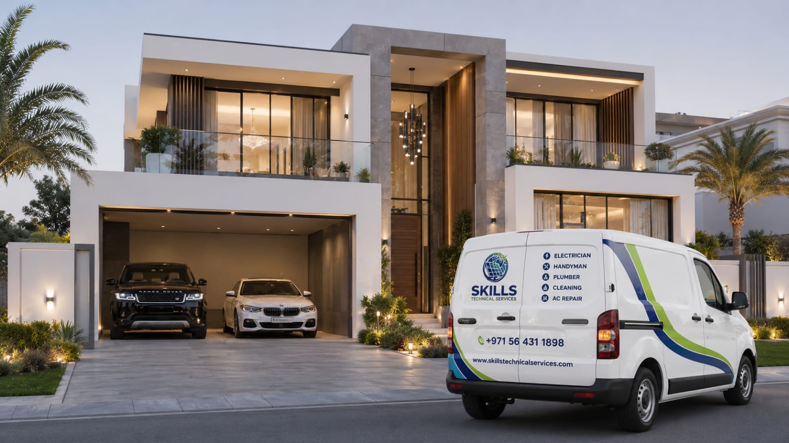 Skills Technical Services Dubai — branded service van at a Dubai villa